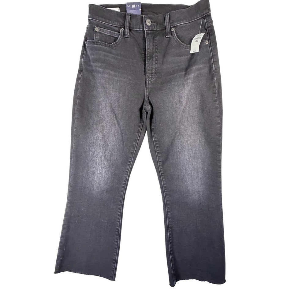 GAP Kick Fit Jeans Women 29 8 Petite Washed Black NEW High Rise Raw Hem Stretch‎